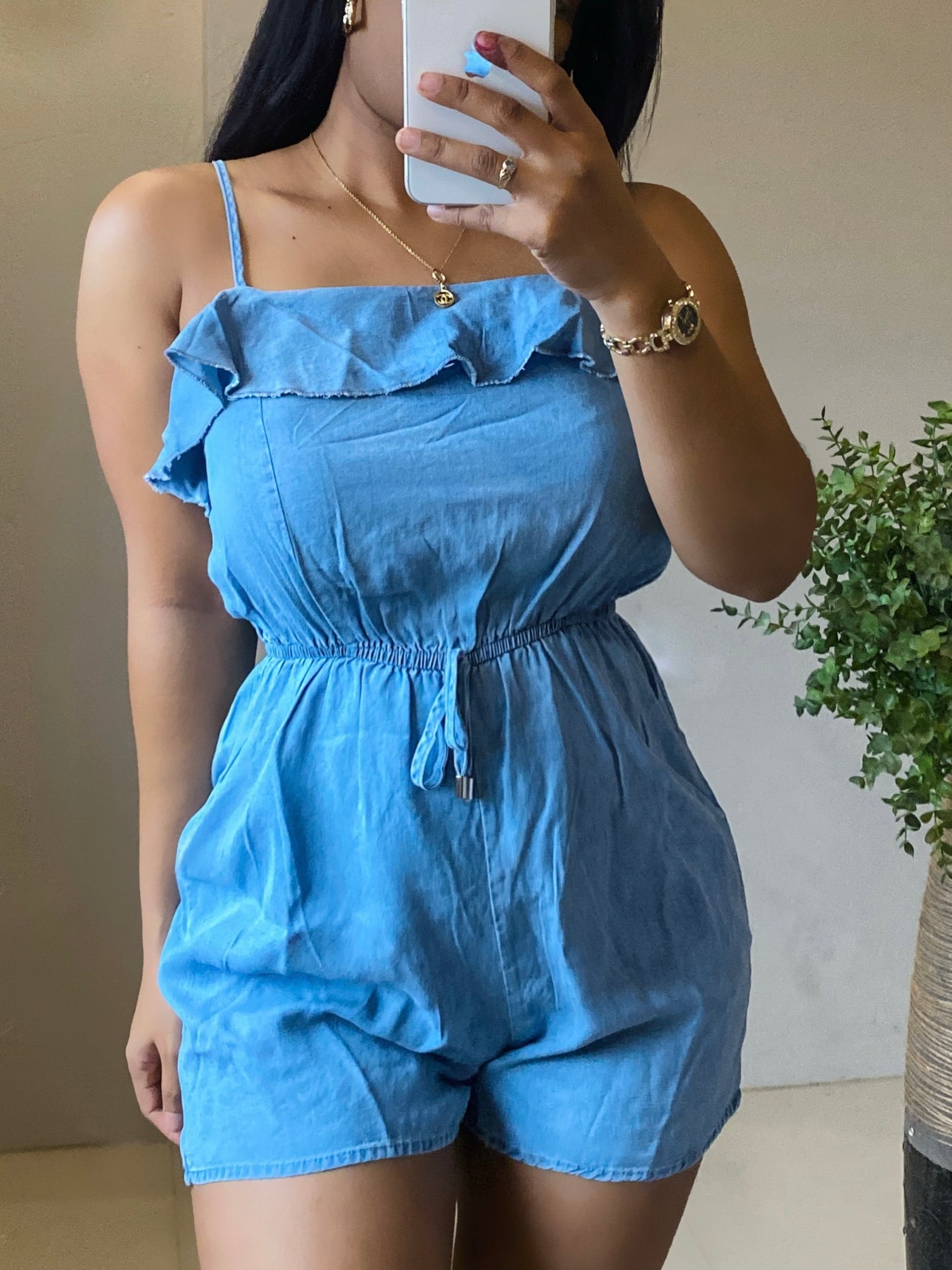 Never Panic’ Denim Romper