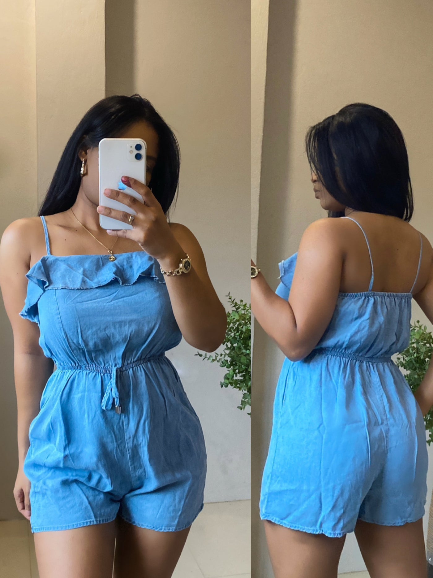 Never Panic’ Denim Romper